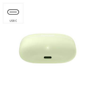 Glänzendes hellgrünes ovales Ladeetui mit USB-C-Anschluss; eingefügtes Symbol kennzeichnet den Anschluss mit „USB C".