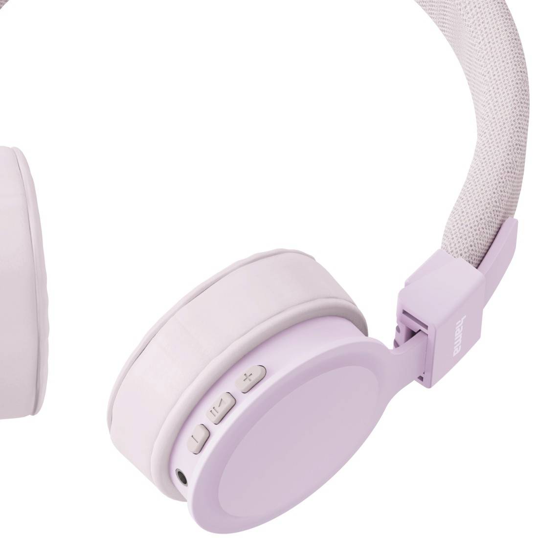 Hellviolette kabellose Over-Ear-Kopfhörer mit gepolsterten Ohrmuscheln, seitlichen Steuertasten und geflochtener Kopfbügel auf weißem Hintergrund.