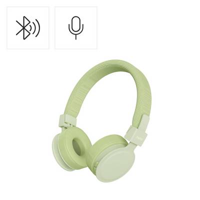 Hellgrüne kabellose Over-Ear-Kopfhörer mit Bluetooth- und Mikrofonsymbolen, die ein Bluetooth-Headset mit Mikrofonfunktion anzeigen.