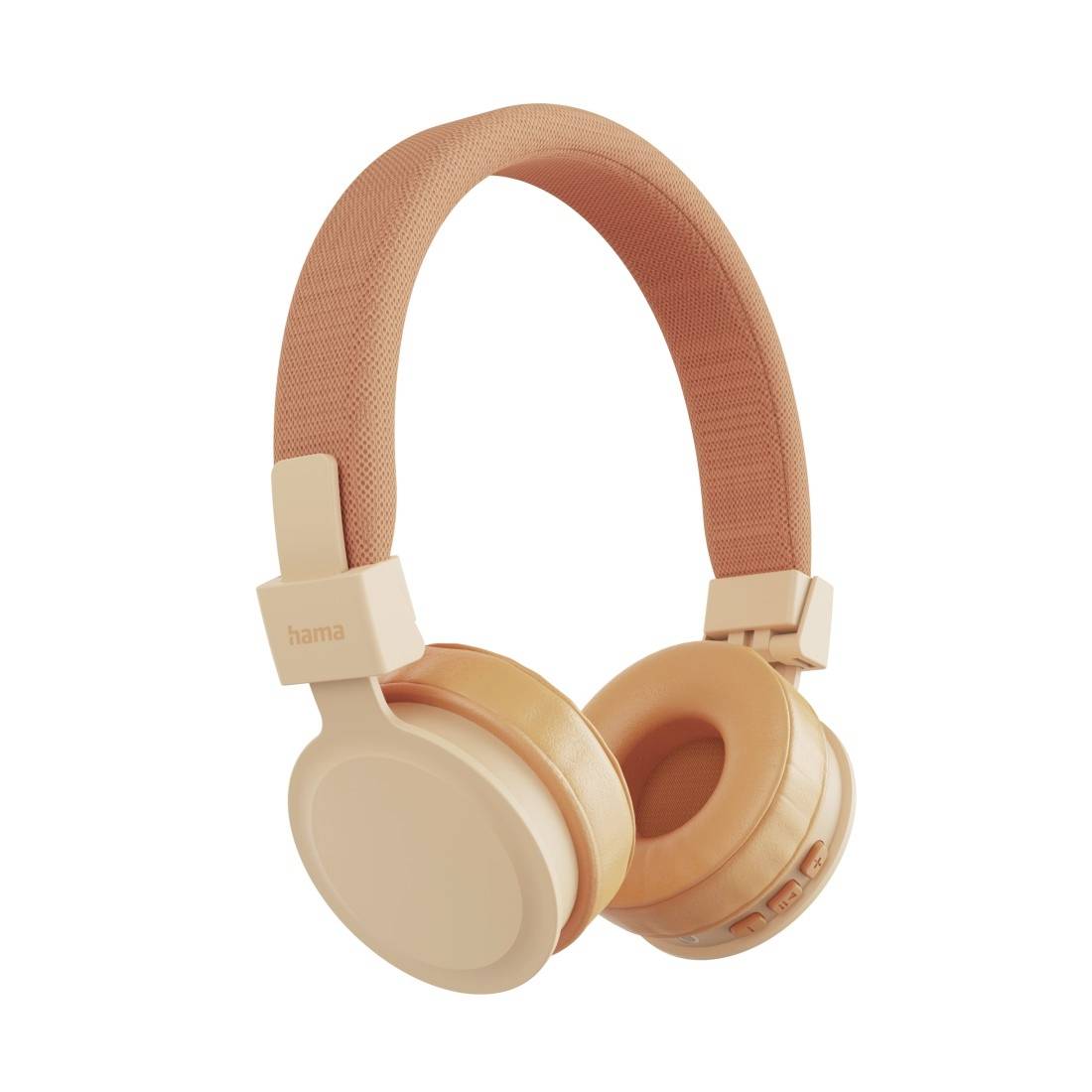 Beige drahtlose Over-Ear-Kopfhörer mit gepolstertem Kopfbügel und runden Ohrmuscheln, dargestellt auf weißem Hintergrund.