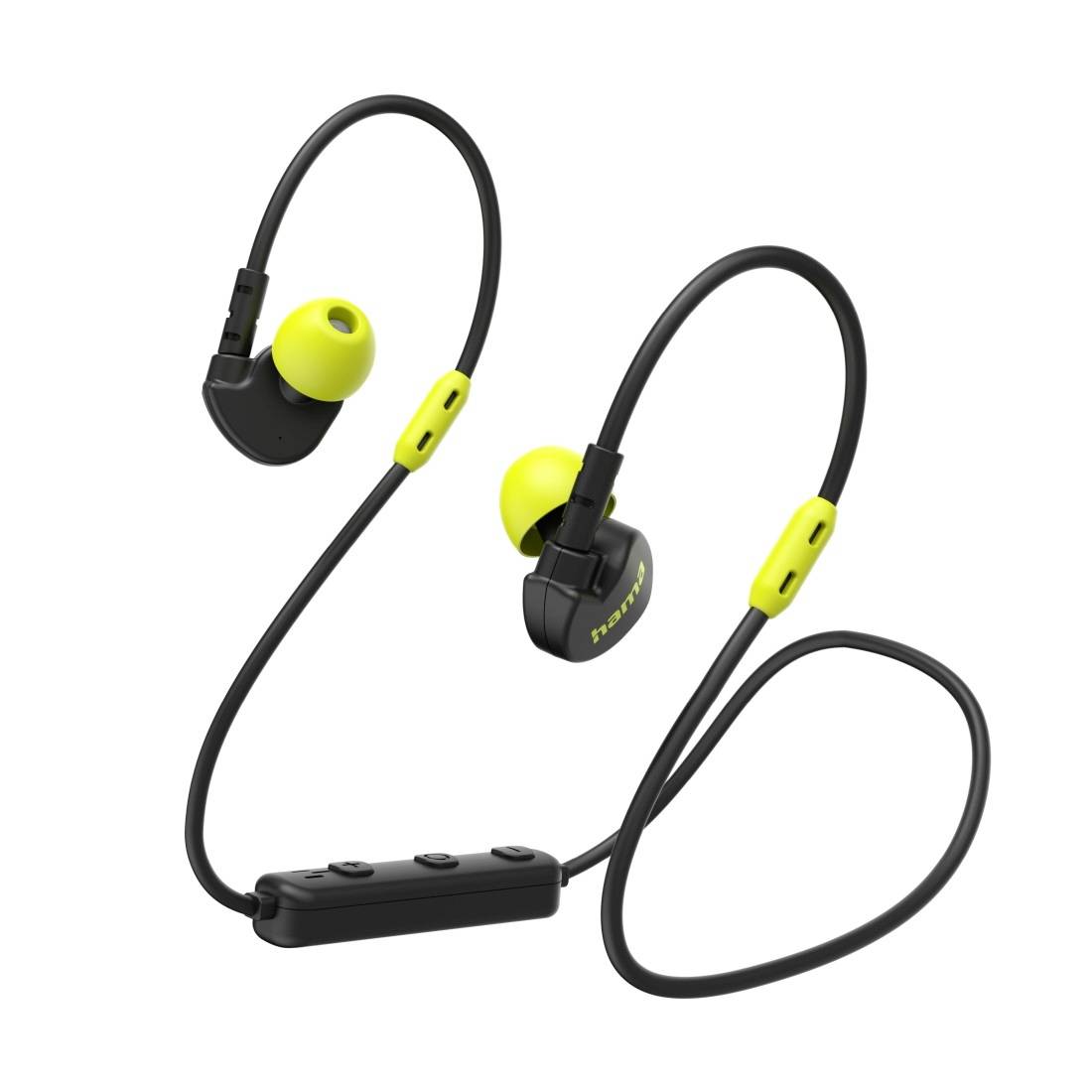 Schwarze kabellose Sport-Ohrhörer mit neongelben Spitzen und Inline-Steuermodul auf weißem Hintergrund.