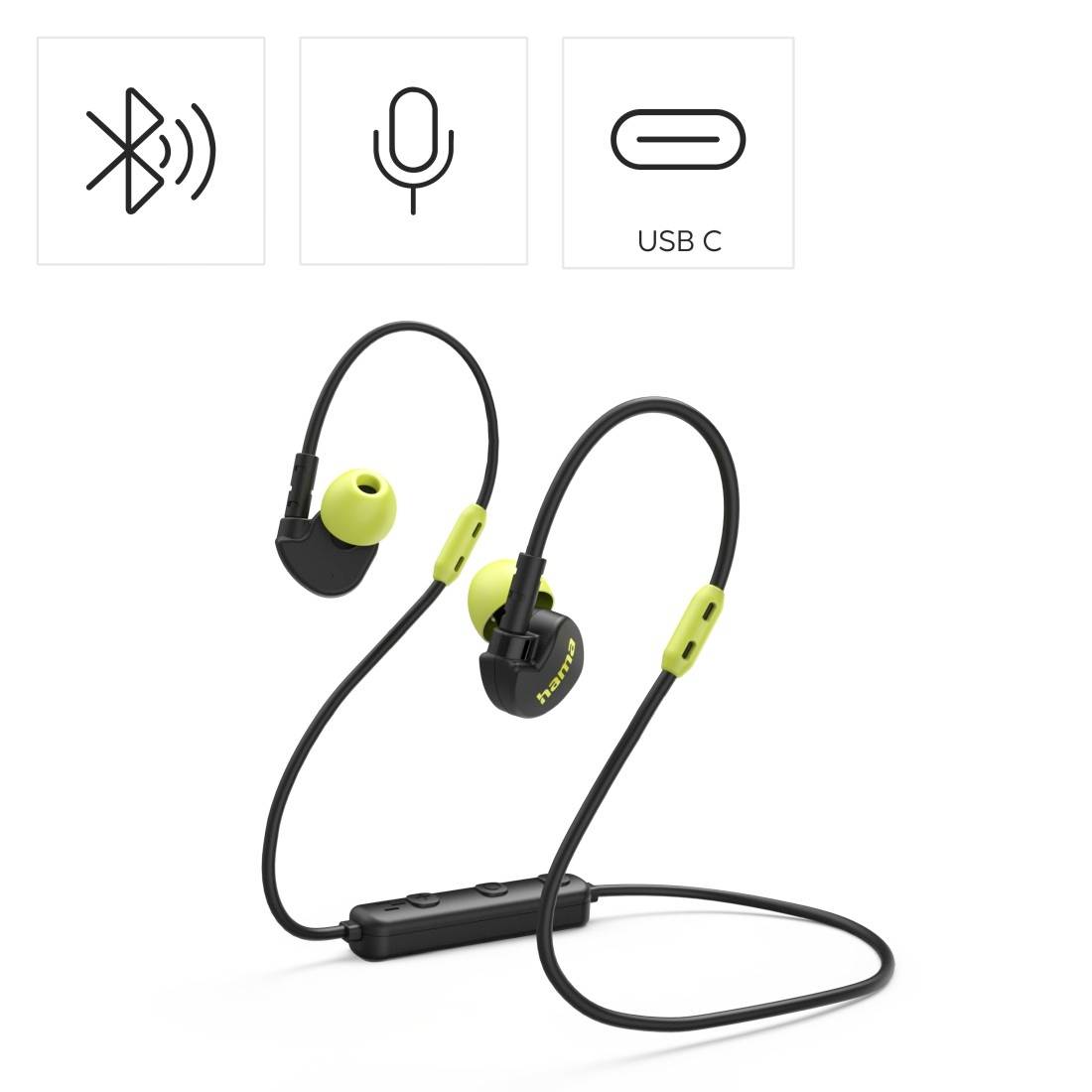 Kabellose Nackenbügel-Ohrhörer mit Bluetooth, Mikrofon und USB-C-Ladeanschluss, dargestellt in Schwarz mit grünen Ohrstöpseln und Steuermodul.
