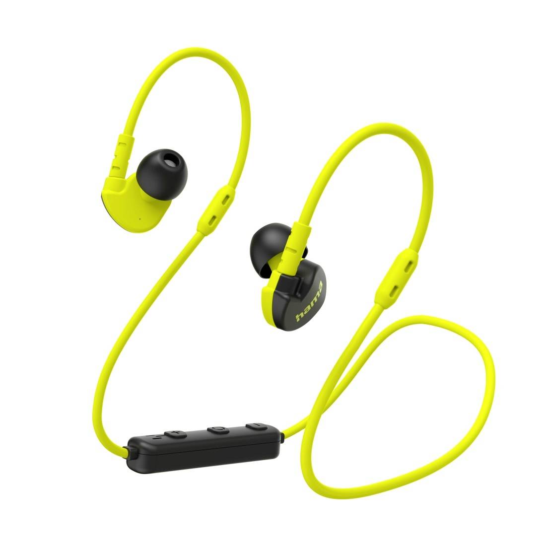 Neongelbe kabellose In-Ear-Kopfhörer mit schwarzen Ohrstöpseln und Inline-Steuermodul, dargestellt auf weißem Hintergrund.