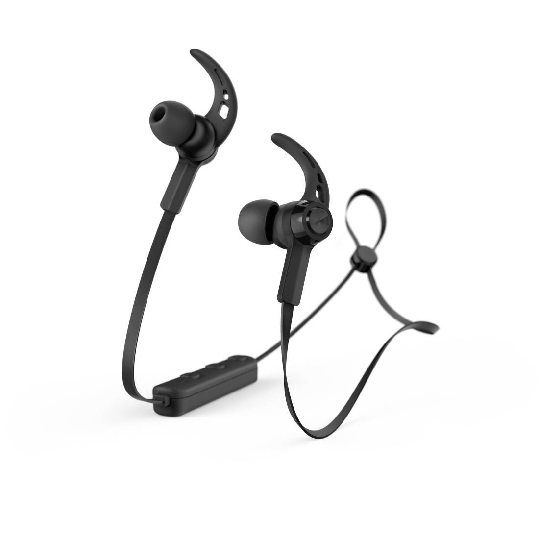 Schwarze kabellose In-Ear-Sportkopfhörer mit Ohrbügeln und Inline-Steuermodul auf weißem Hintergrund.