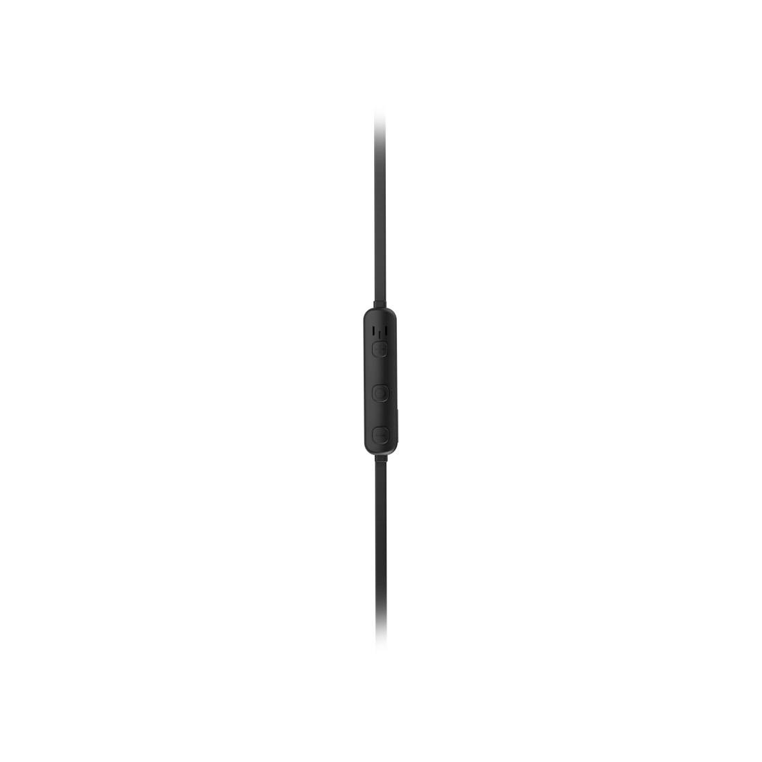 Nahaufnahme einer In-Ear-Kopfhörer-Kabelsteuerung mit drei Tasten auf einem schwarzen Kabel vor weißem Hintergrund.