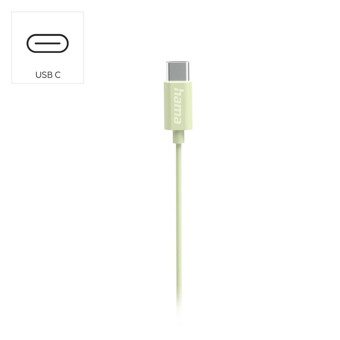 Ein hellgrünes USB-C-Kabel mit USB-C-Stecker; Einsatzsymbol kennzeichnet den Stecker als „USB C".