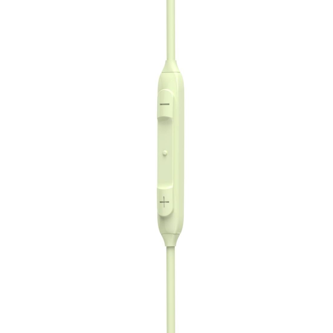 Inline-Fernbedienung für Audio mit Plus- und Minus-Lautstärkeregelung und zentraler Taste auf einem hellgrünen Kabel.