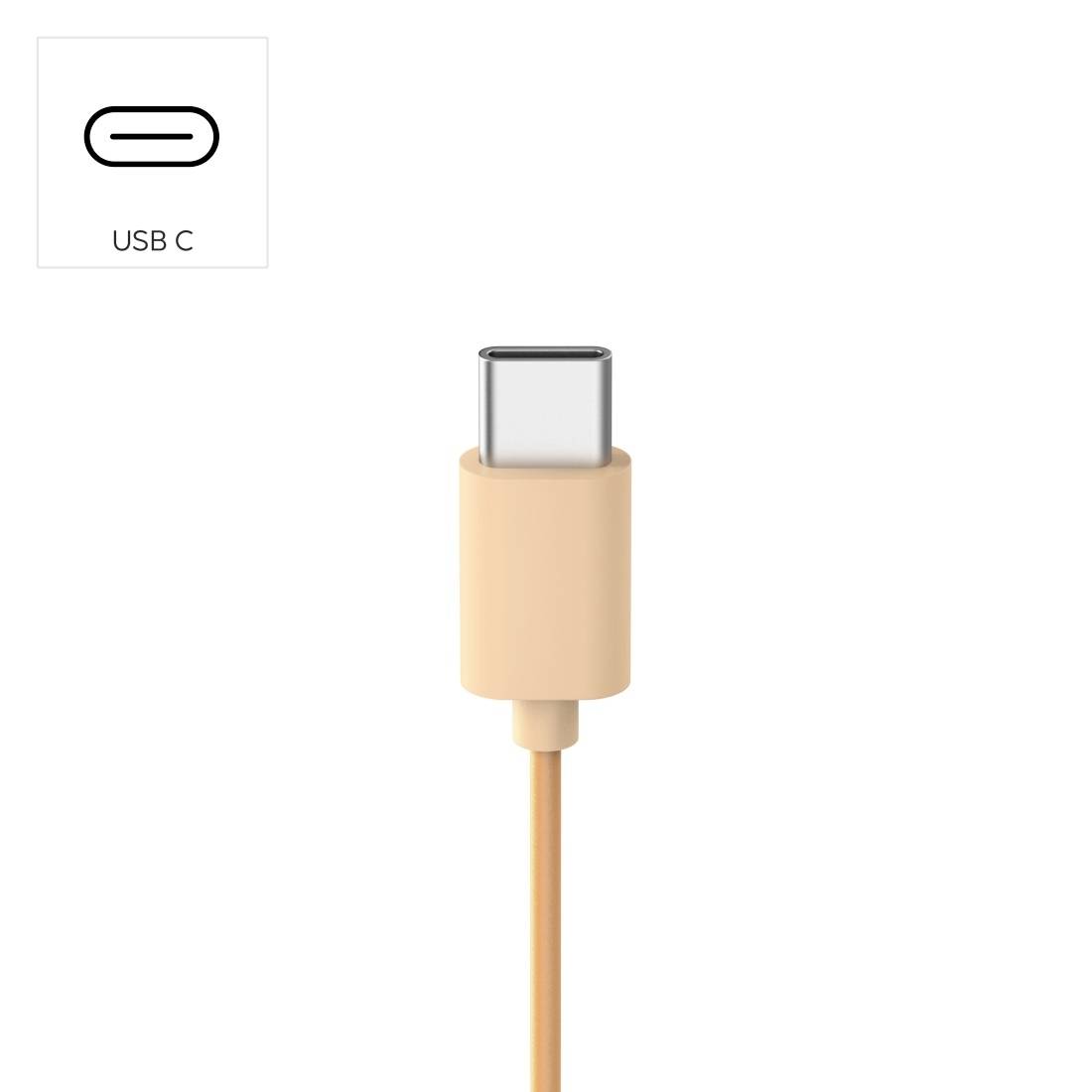 USB-C-Anschluss mit beigem Kabel und Nahaufnahmesymbol mit der Bezeichnung „USB C" oben links.