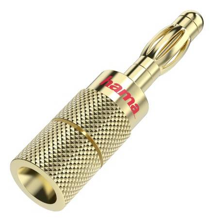 Gold-plated Bananenstecker mit gerilltem Griff und rotem "hama"-Branding auf weißem Hintergrund.