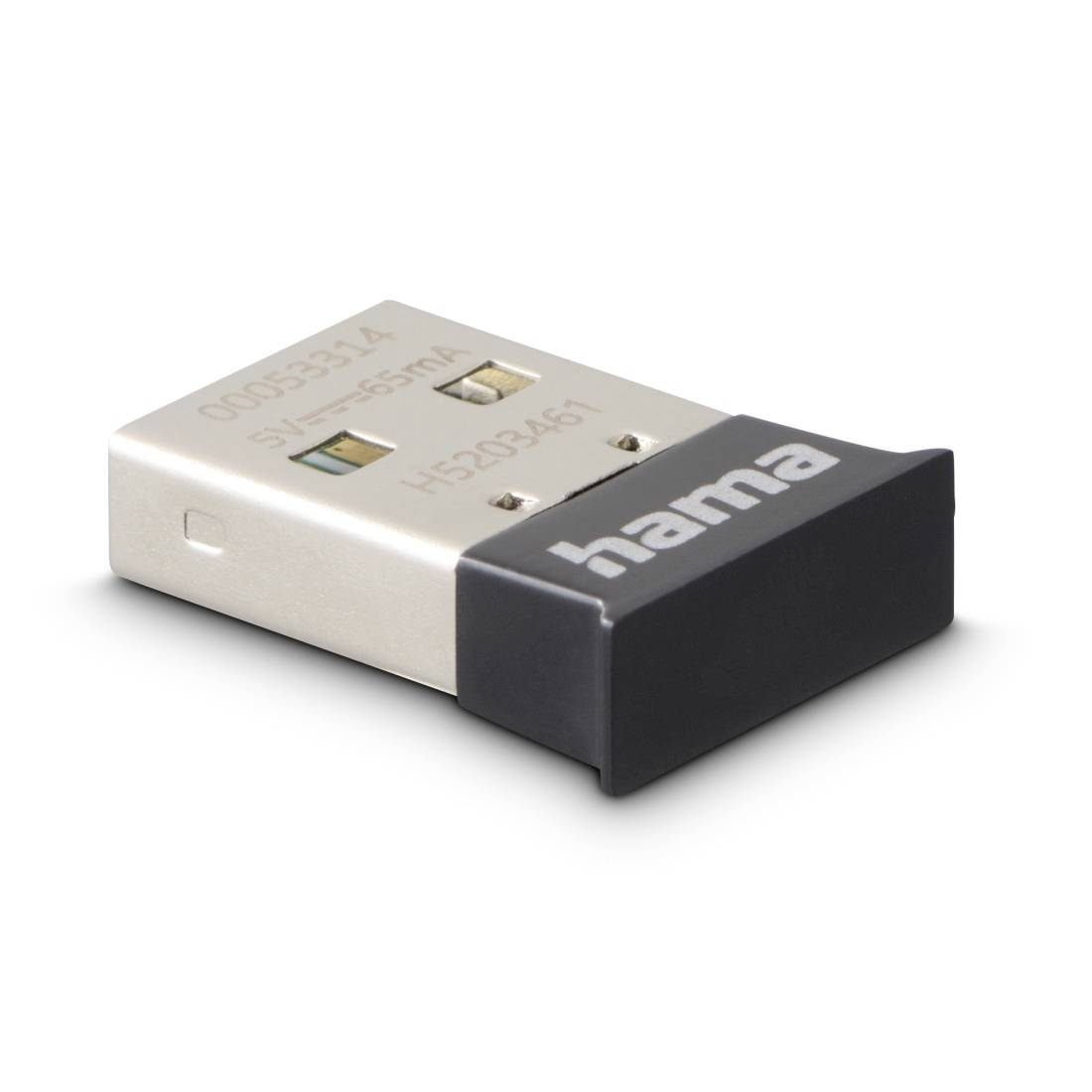 Nahaufnahme eines kleinen schwarz-silbernen Hama USB-Funk-Adapters/Dongles auf weißem Hintergrund.