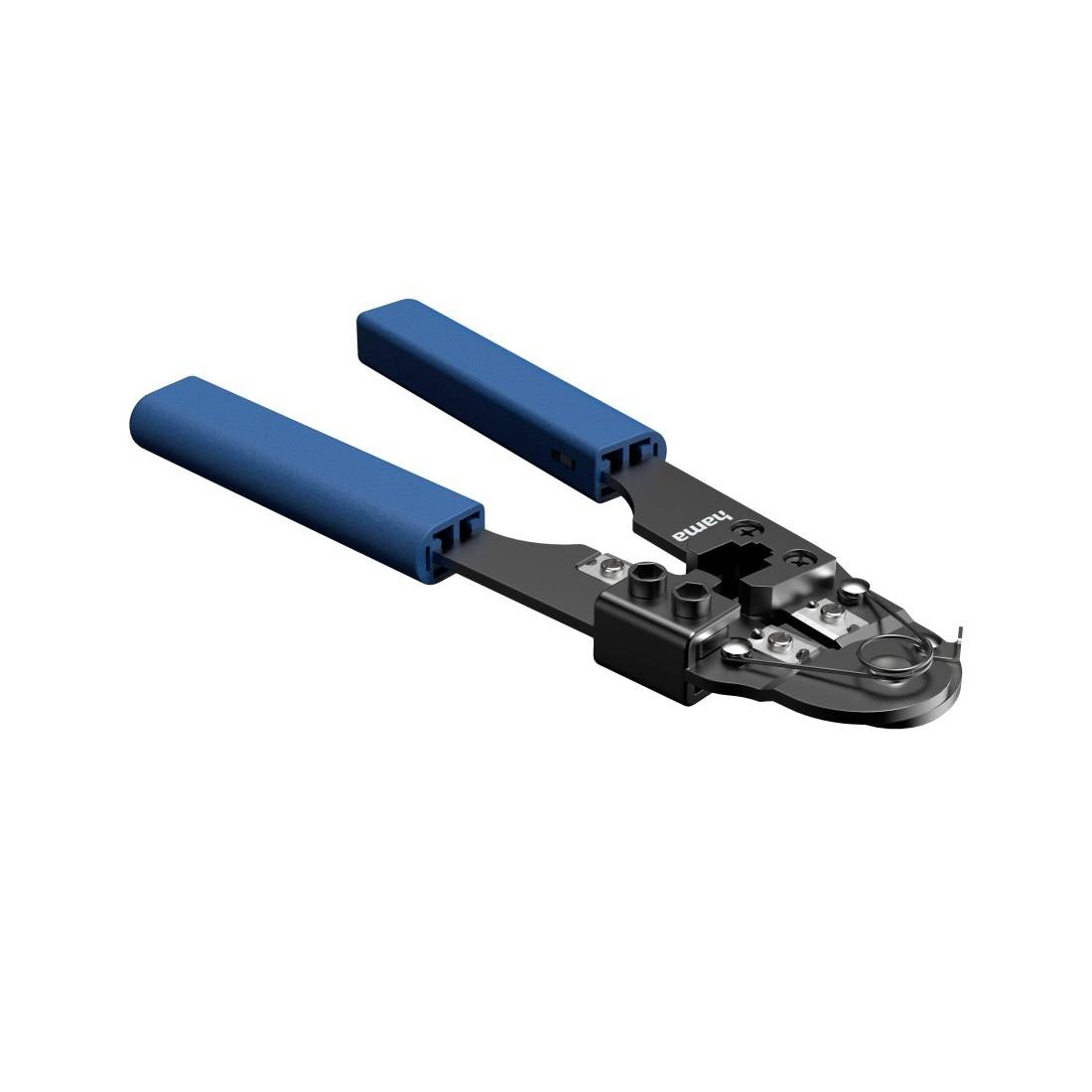 Crimpwerkzeug mit blauem Griff und schwarzen Metallbacken, vor weißem Hintergrund gezeigt.
