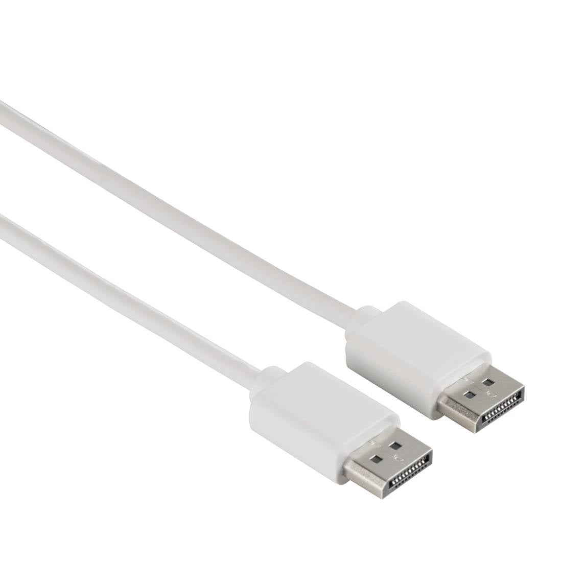 Zwei weiße DisplayPort-Kabel mit Metallsteckern auf weißem Hintergrund.