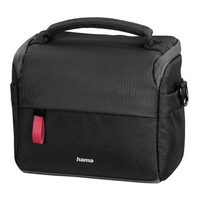 Schwarze Hama-Schutztasche mit Griff oben, Vordertasche und rotem Zuggriff, auf weißem Hintergrund dargestellt.