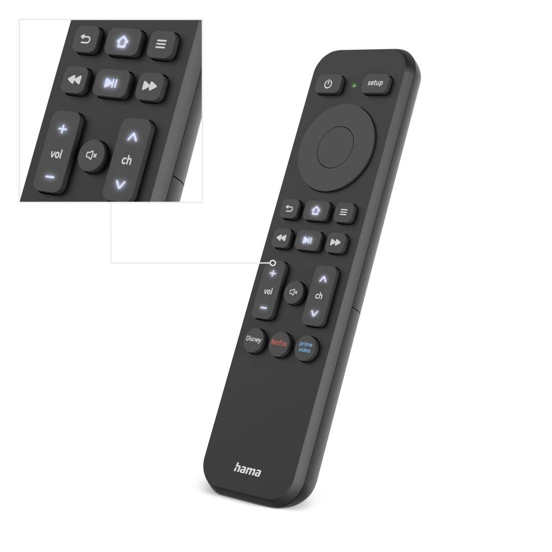 Schwarze Hama TV-Fernbedienung in Schrägansicht gezeigt, mit eingefügter Nahaufnahme, die die Navigations-, Lautstärke- und Kanalschaltflächen hervorhebt.