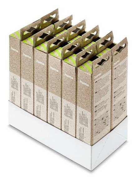 Sechserpack mit Hama-Produktboxen in einem weißen Einzelhandels-Display-Tablett auf neutralem Hintergrund.