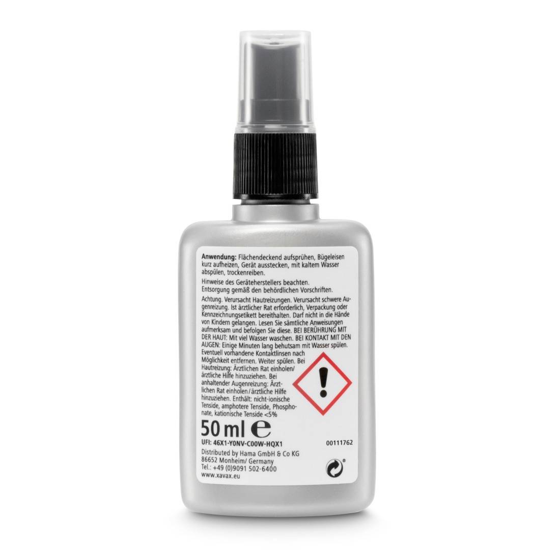 Kleine graue Sprayflasche mit transparentem Deckel und einem vorderen Etikett, das Warntext, ein Ausrufezeichen-Gefahrensymbol und "50 ml" zeigt.