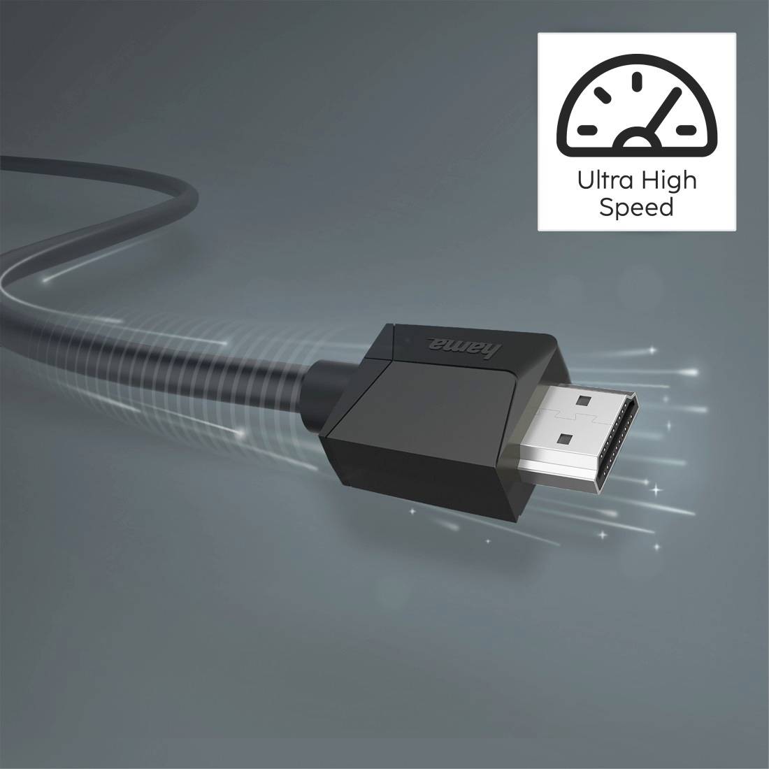 USB-Kabel mit „Ultra High Speed"-Abzeichen, das einen schnellen HDMI-ähnlichen Stecker in Bewegung auf grauem Hintergrund zeigt.