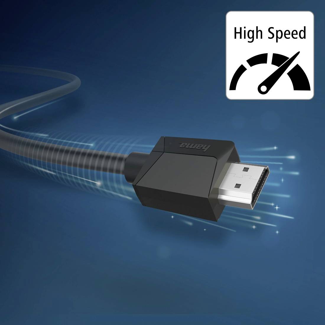 Ein Hochgeschwindigkeits-HDMI-Kabel und -Stecker mit einem „High Speed"-Geschwindigkeitssymbol, abgebildet auf blauem Hintergrund mit Bewegungsstreifen.