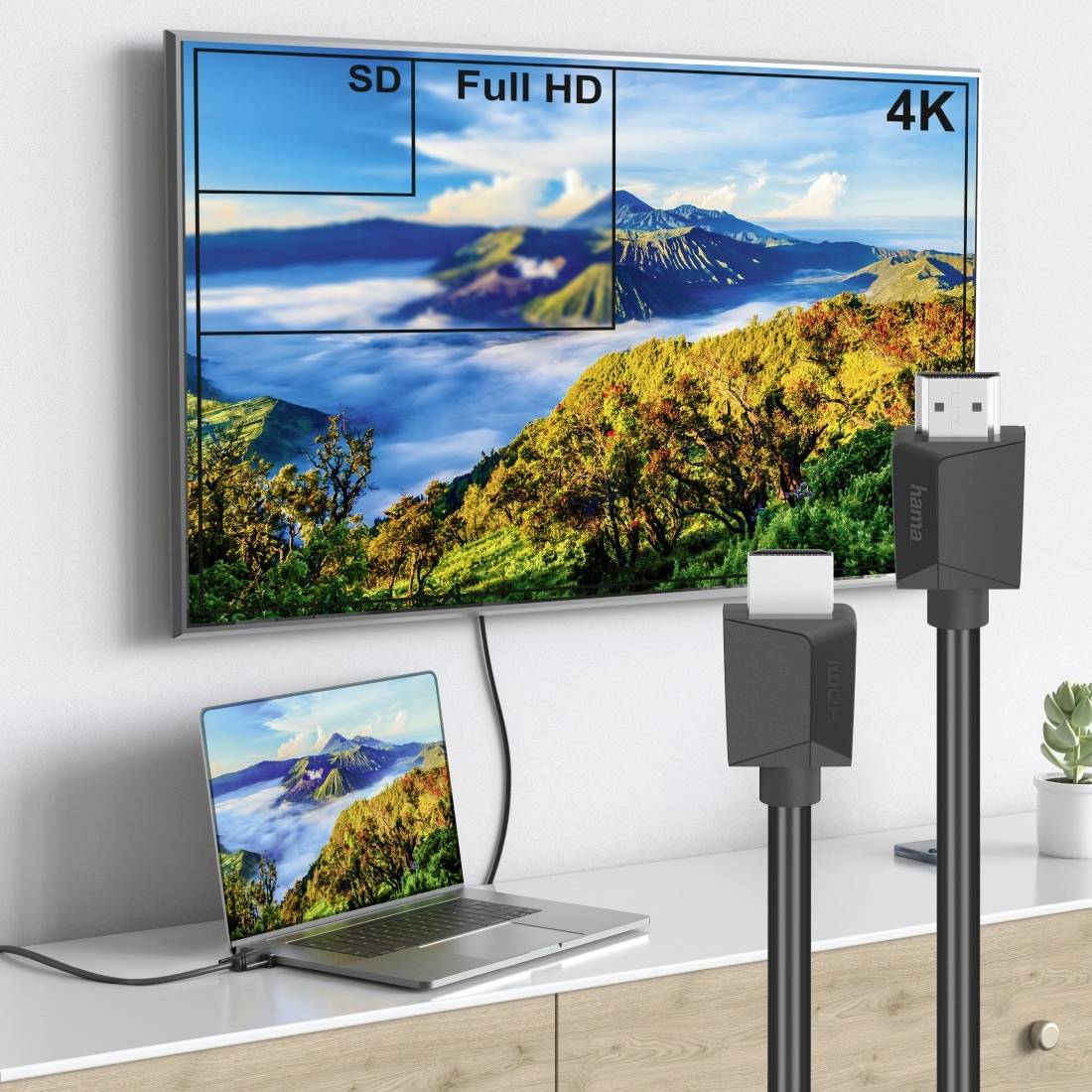Fernseher und Laptop sind durch HDMI-Kabel verbunden und zeigen Bildqualität von SD und Full HD bis 4K auf einem an der Wand montierten Display.