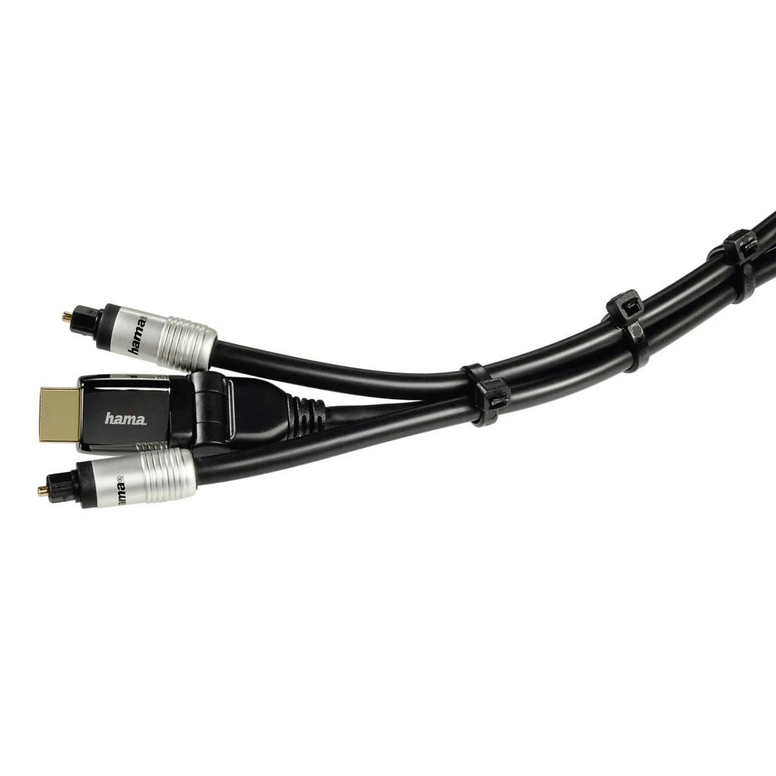 Schwarzes Hama-HDMI-Kabel mit zwei silbernen Steckern und einem goldenen Stecker auf weißem Hintergrund.