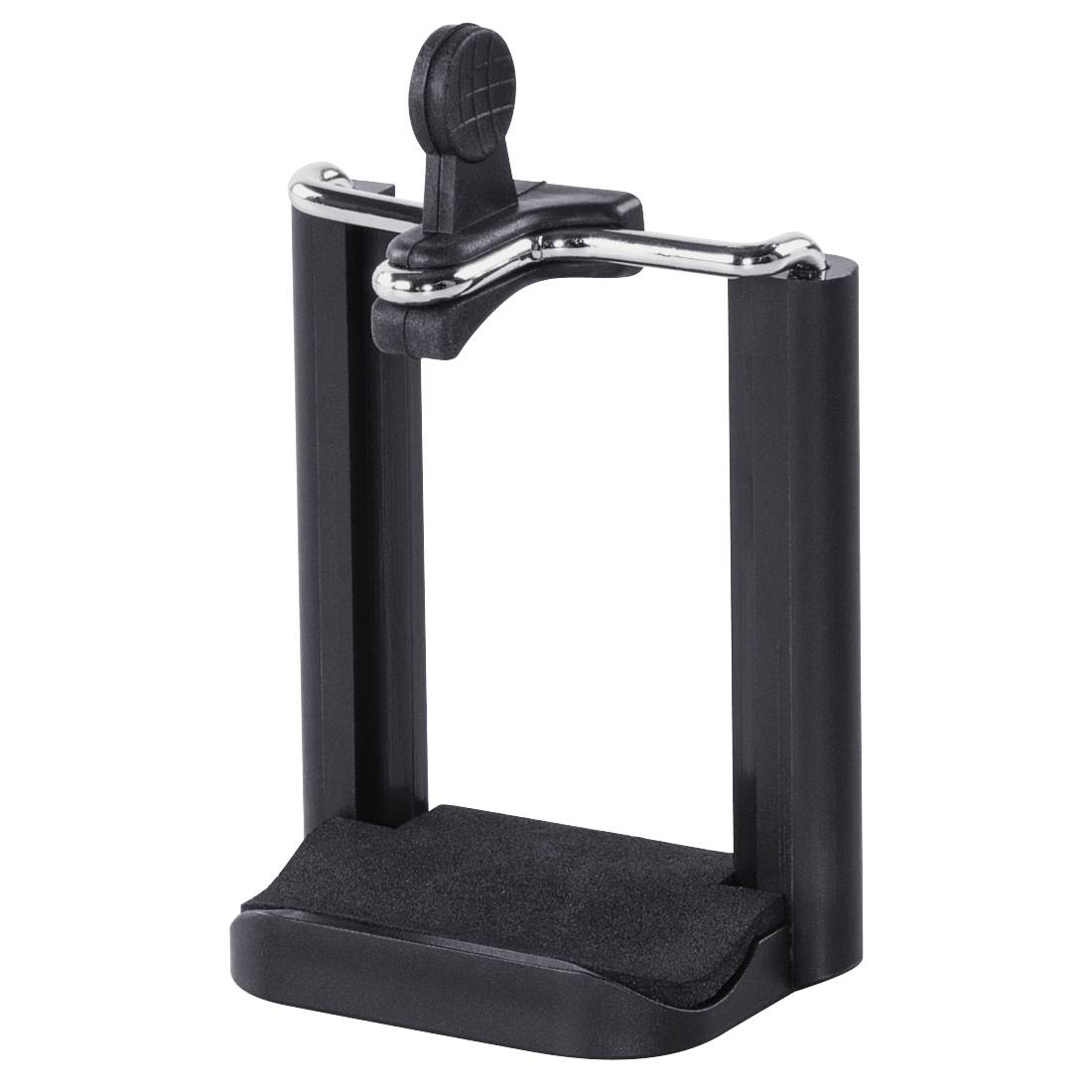 Schwarze Handyhalterung mit verstellbarer Klemme und Basis, auf weißem Hintergrund dargestellt.