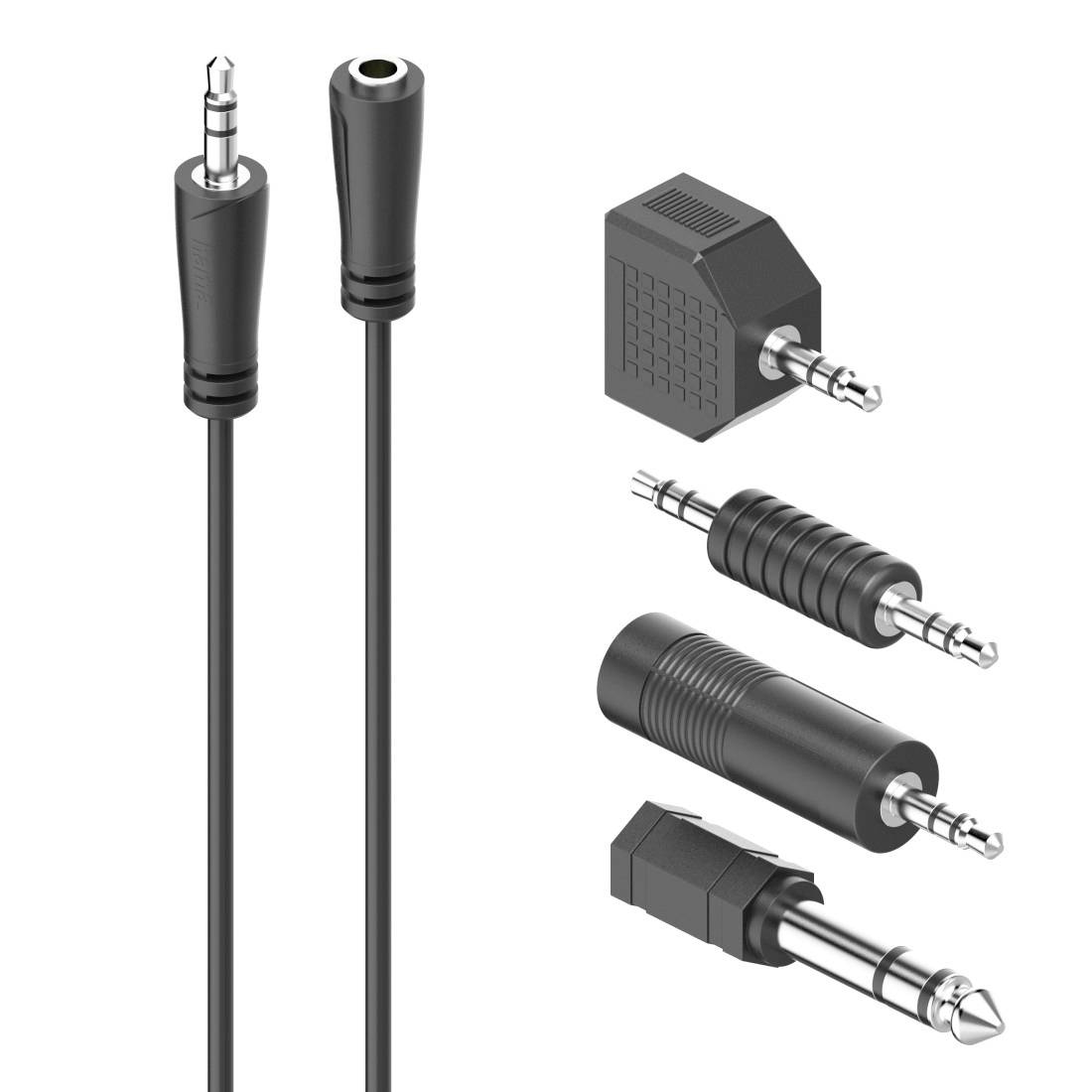Illustration von Audiokabeln und 3,5-mm-Steckern und -Buchsen, die mehrere Steckertypen und -größen zeigen.