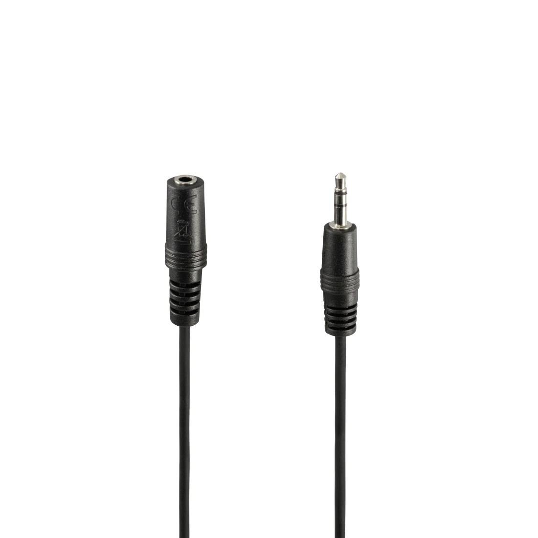 Zwei schwarze Audio-Adapterstecker auf weißem Hintergrund, die einen 3,5-mm-Stecker und eine passende Buchsenkabel zeigen.
