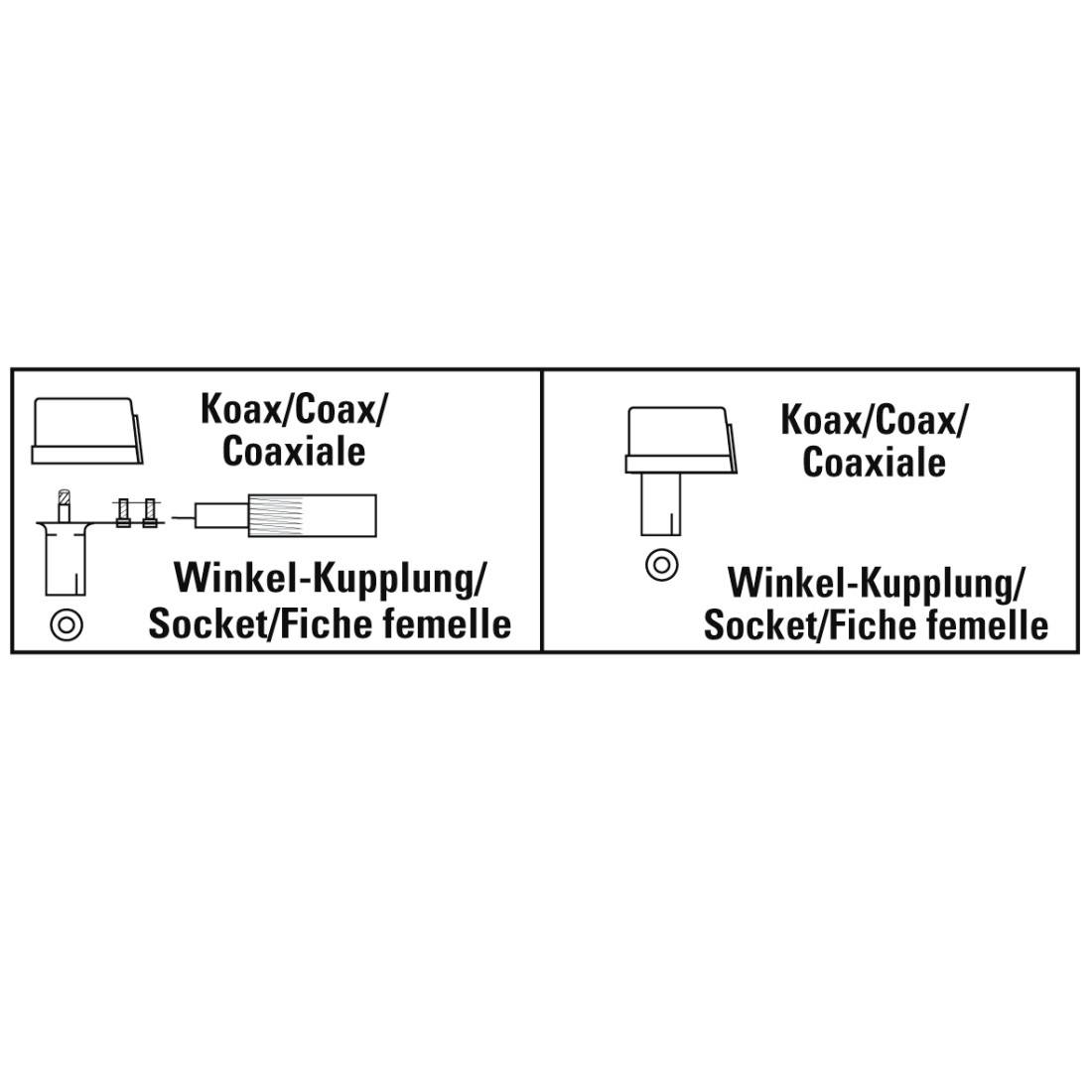 Diagramm zeigt zwei koaxiale Steckverbindungen mit den Beschriftungen „Koax/Coax/Coaxiale" und „Winkel-Kupplung/Socket/Fiche femelle", mit verschiedenen Steckerausrichtungen.