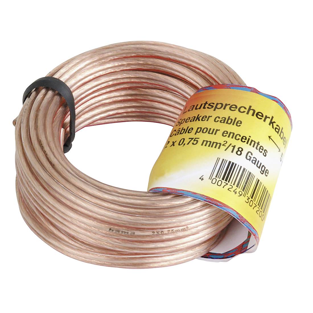 Aufgerollte transparente Lautsprecherkabelspule mit gelbem Etikett mit der Aufschrift „Lautsprecherkabel" und „2 x 0,75 mm²/18 Gauge".