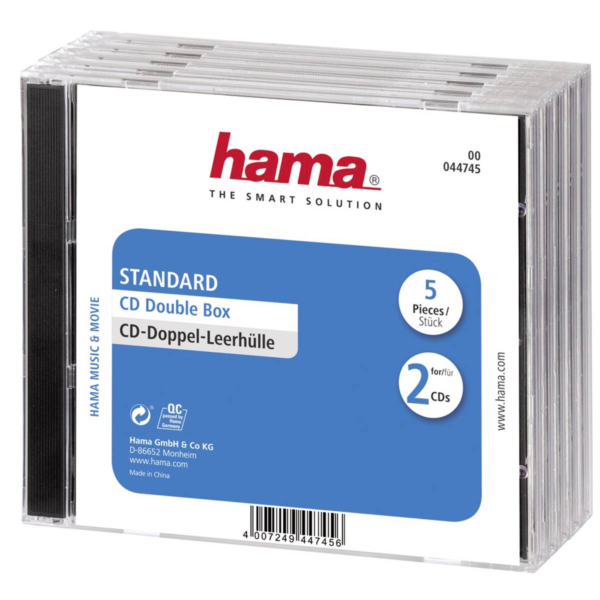 Transparente Kunststoffverpackung mit 5 Hama Standard-CD-Doppelhüllen, beschriftet mit „CD Double Box" und „2 für 1 CDs".