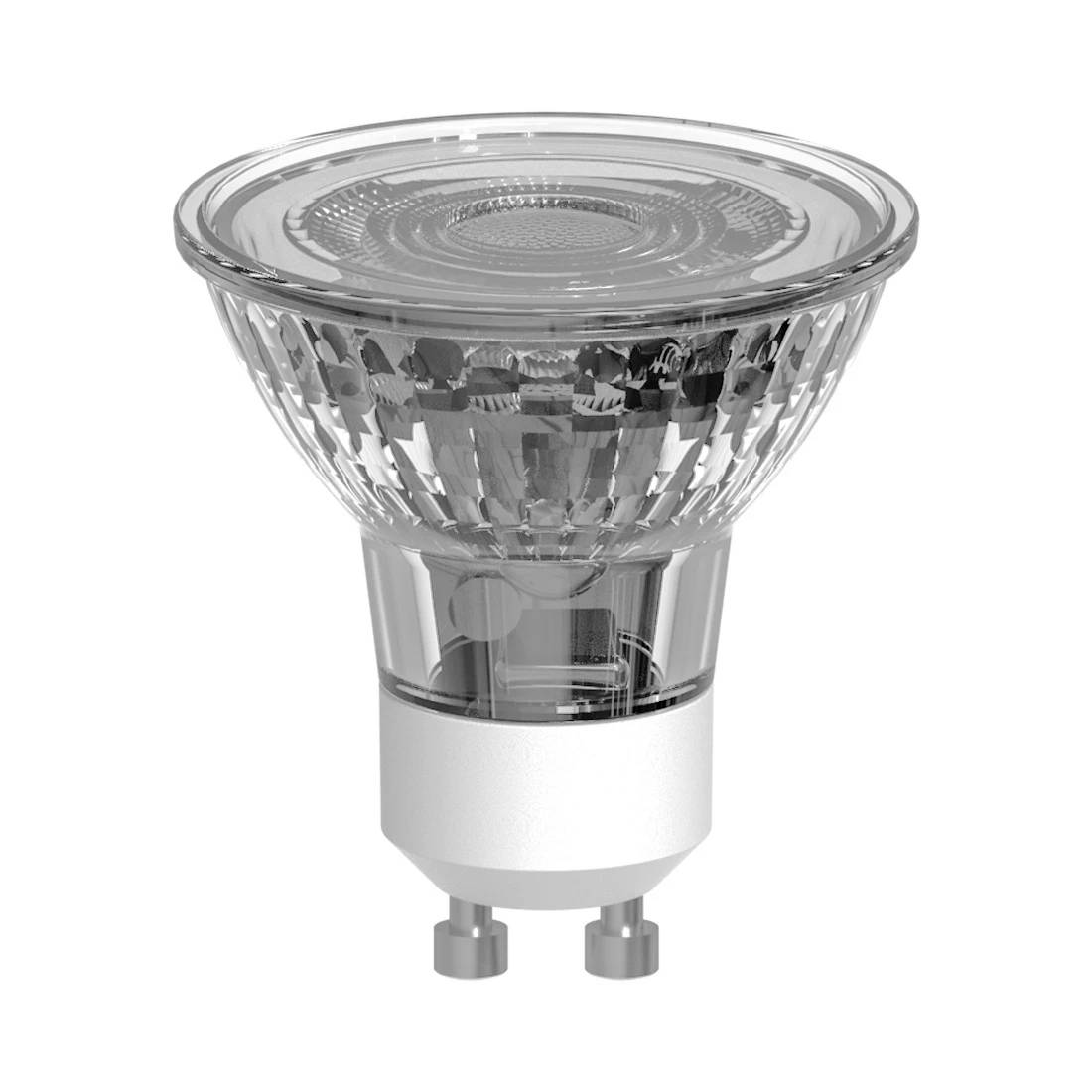 Eine klare LED-Spotlightlampe mit reflektierendem Linsenstil und zweipoligem Sockel auf weißem Hintergrund.