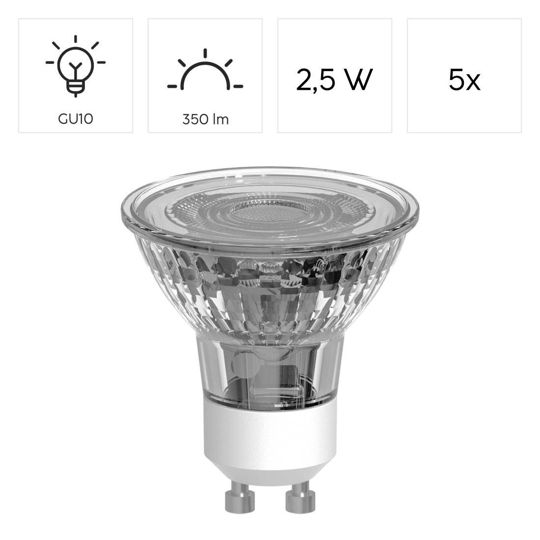 GU10-LED-Strahler, 2,5 W, 350 lm, 5er-Pack.