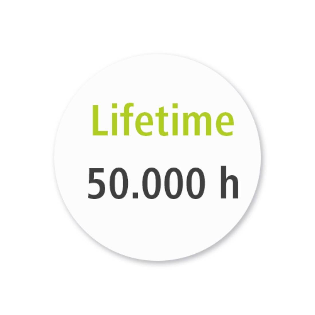 Weißes rundes Abzeichen mit „Lifetime" und „50.000 h" in grünem und dunkelgrauem Text.
