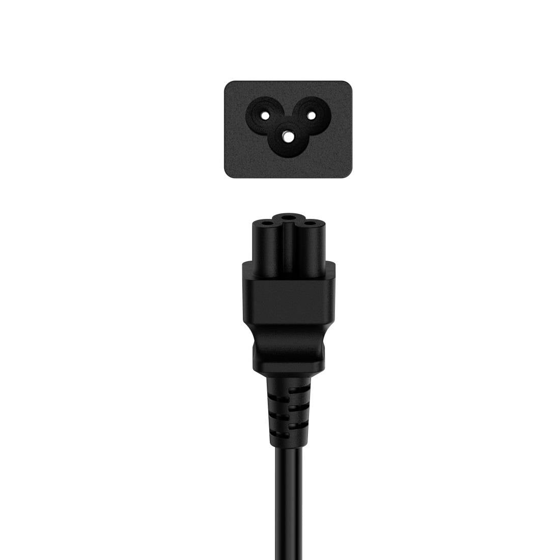 Schwarzer dreilöchriger Stromstecker mit angeschlossenem Kabel auf weißem Hintergrund, dargestellt als Produktabbildung.