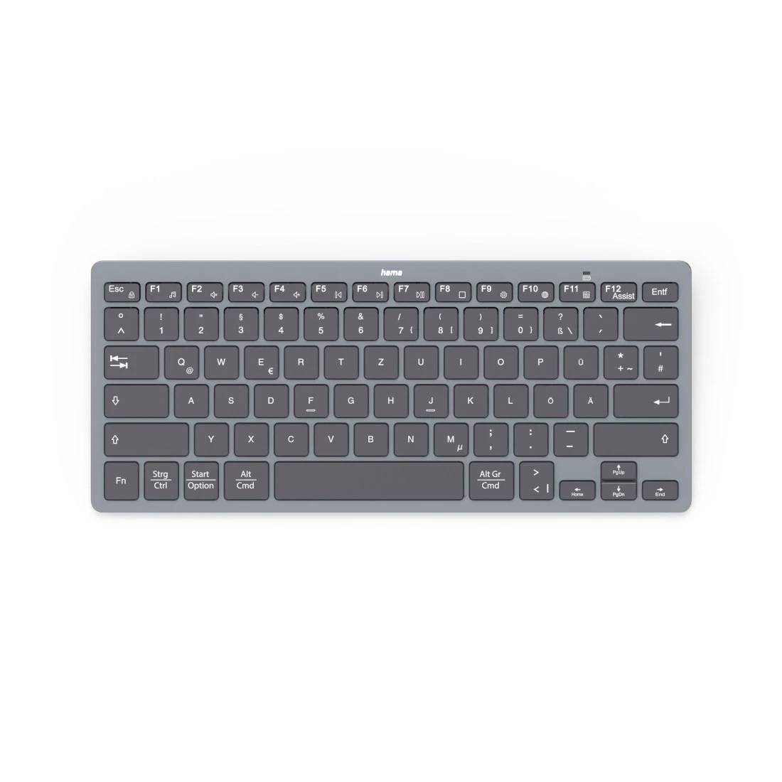 Kompakte grau kabellose Tastatur mit flachen Tasten und Funktionsreihe, auf weißem Hintergrund gezeigt.