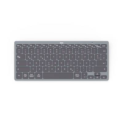 Kompakte grau kabellose Tastatur mit flachen Tasten und Funktionsreihe, auf weißem Hintergrund gezeigt.