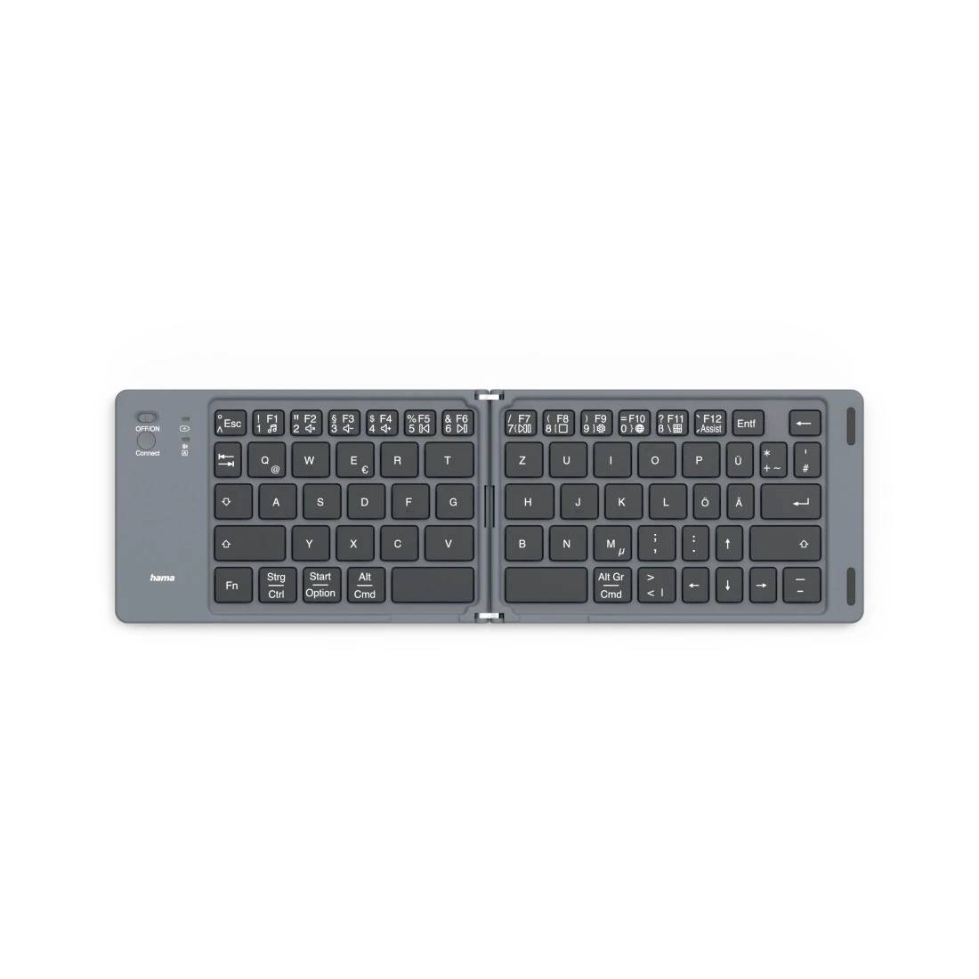 Kompakte graue ergonomische Spalttatstatur mit zentralem Scharnier und separaten linken/rechten Tastaturbereichen, gezeigt auf weißem Hintergrund.