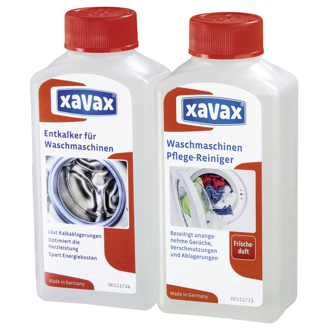 Zwei Xavax-Waschmaschinen-Pflegeflaschen mit roten Deckeln: ein Entkalker und ein Reiniger, beide mit der Aufschrift „Made in Germany".