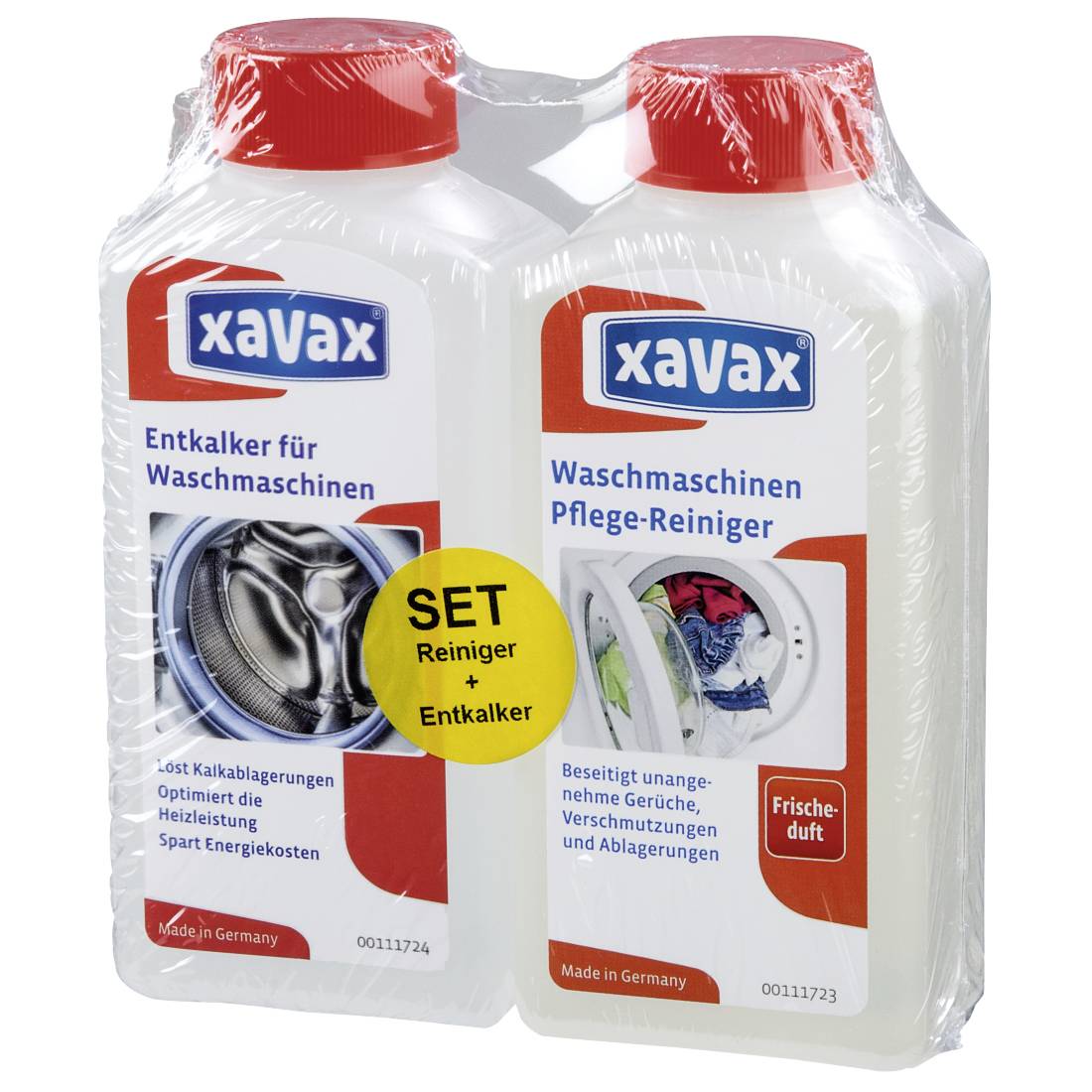Verpacktes xavax Waschmaschinen-Reinigungsset mit Entkalker und Pflegereinigerflaschen, beschriftet mit „SET Reiniger + Entkalker".