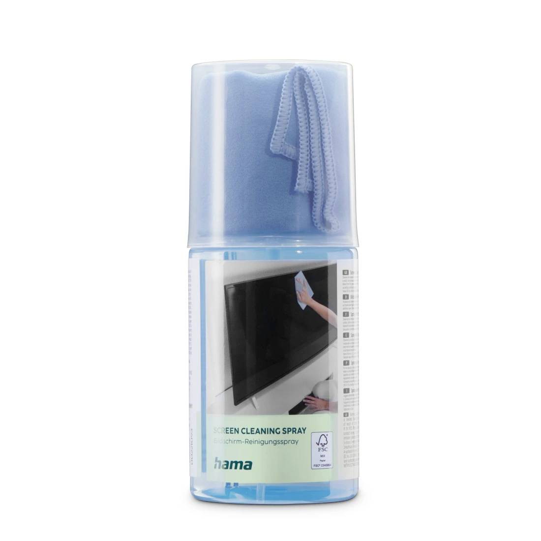 Blauer Bildschirmreiniger-Sprühflasche mit Mikrofasertuch an der Kappe befestigt, gekennzeichnet mit „SCREEN CLEANING SPRAY" von hama.