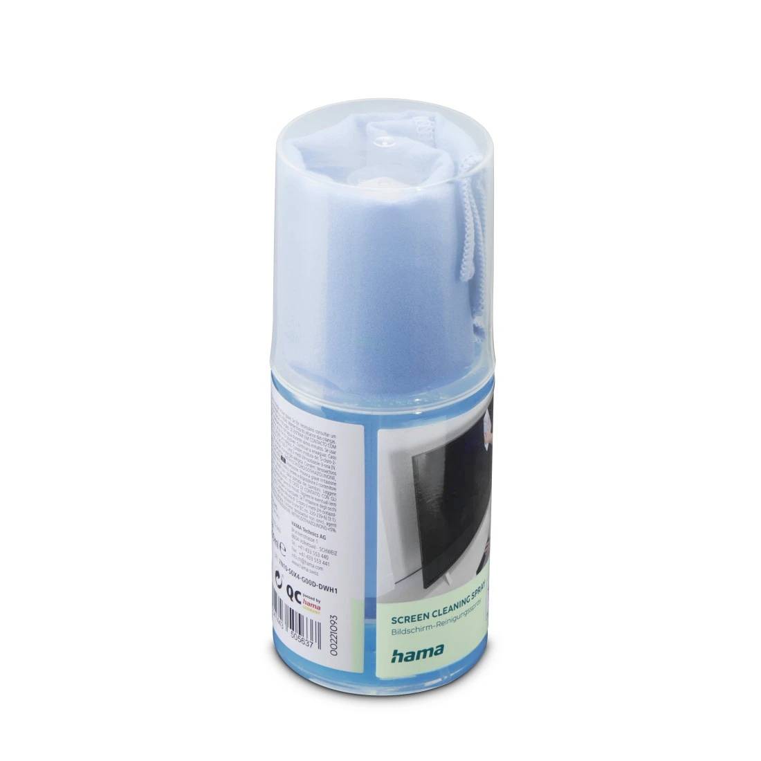 Blauer Reinigungsspray für Bildschirme mit Mikrofasertuch in durchsichtiger zylindrischer Verpackung, mit Hama-Etikett.