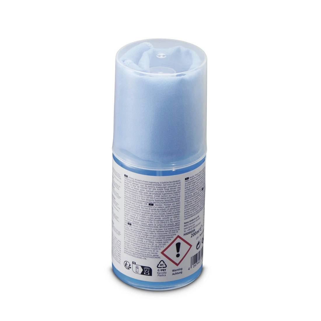 Blau gefärbte Spraydose mit hellblauem Deckel und Gefahrwarnzeichen auf weißem Hintergrund.