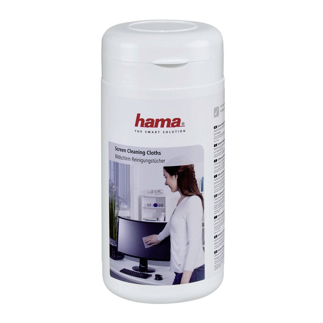 Flasche Hama Bildschirmreinigungstücher mit Etikett, auf dem eine Frau einen Monitor abwischt, und dem Text „Screen Cleaning Cloths"