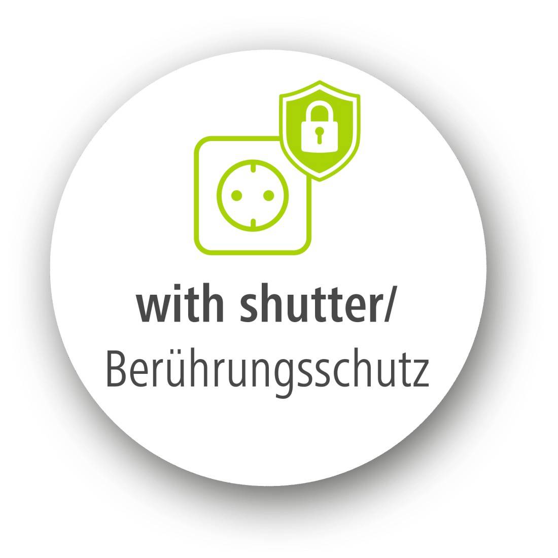 Symbol einer geschützten Steckdose mit Schloss, gekennzeichnet mit "mit Verschluss/Berührungsschutz" und zeigt den Schutz vor Kontakt.