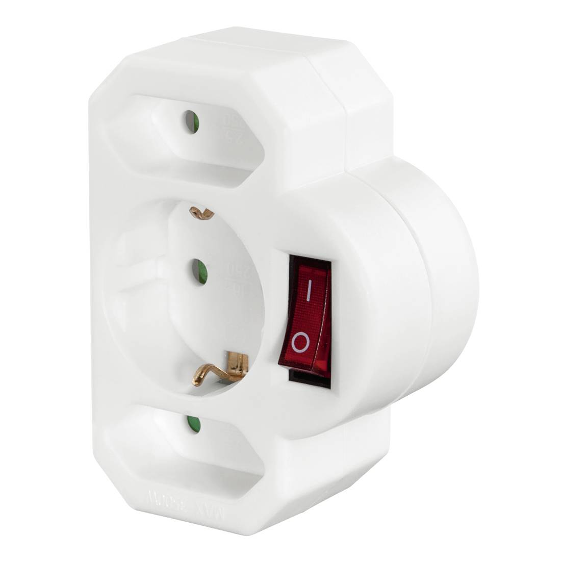 Weißer Stecker-Stromanschlussadapter mit zwei Steckdosen und einem roten Ein-/Ausschalter auf der Seite.