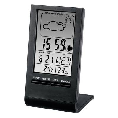 Digitale Wetterstation auf einem Ständer, die bewölkte Vorhersage anzeigt, Uhrzeit 15:59, Datum 21.6. Mittwoch, Temperatur 24°C und Luftfeuchtigkeit 23%.
