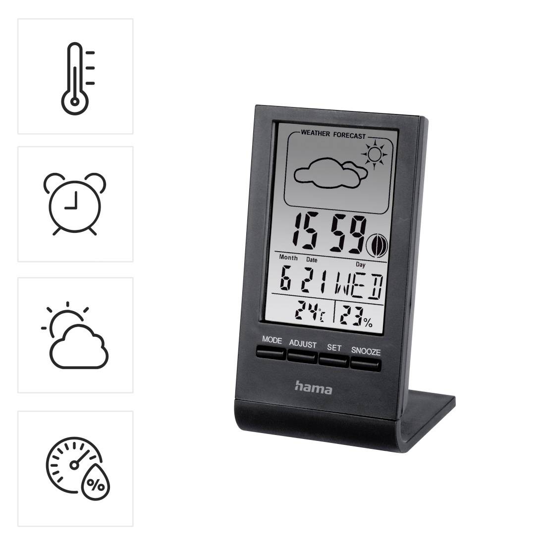 Digitale Wetterstation mit Uhr zeigt 16:59 Uhr, Mittwoch 21.06., Temperatur 24°C und Luftfeuchtigkeit 123%, mit Vorhersage- und Alarmsymbolen.