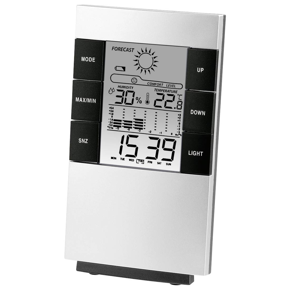 Digitale Wetterstation Uhr mit Vorhersage, 30% Luftfeuchtigkeit, 22°C Temperatur und Uhrzeit 15:39 mit Seitentasten mit den Bezeichnungen Modus, Max/Min, Schlaf, Auf, Ab und Licht.