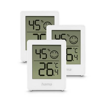 Drei digitale Thermo-Hygrometer zeigen 45% Luftfeuchtigkeit, 26,4°C Temperatur und einen lächelnden Komfortindikator.