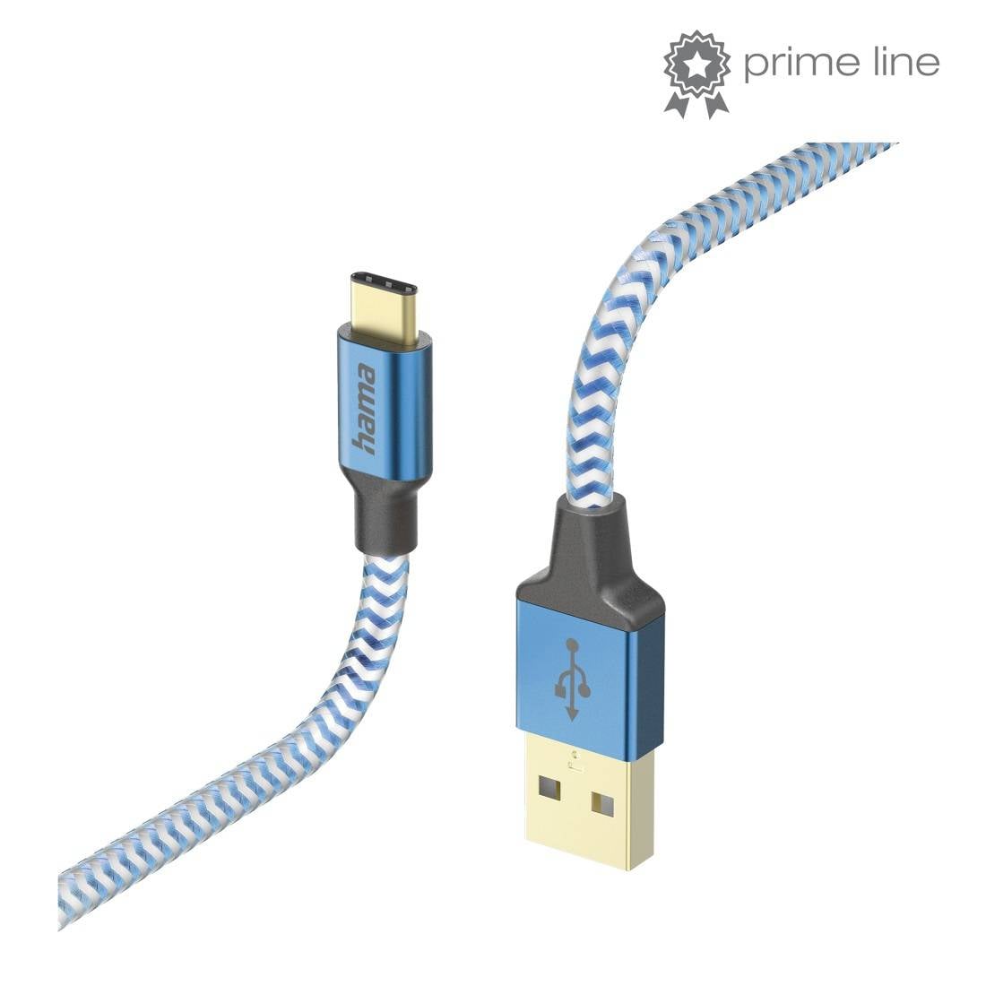 Blau-weiß geflochtenes USB-Kabel mit USB-C auf der einen Seite und USB-A auf der anderen Seite, mit den Marken "prime line" und "hama".
